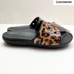 CROCS Women's Black Brown Classic Animal Leopard Print Slide Sandals size 7